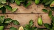 Rustic wooden table background adorned with fresh avocados and vibrant leaves, highlighting natural beauty.