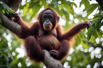 'tree orangutan young orang borneo indonesia pongo primate ape like human male single jungle forest wild animal malaysia rainforest sumatra man population safari nature hairy monkey closeup face'