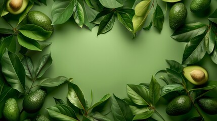Wall Mural - Lush green frame of avocado fruits and leaves on a vivid green background with copy space in the center.