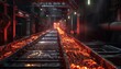 A photorealistic conveyor belt overflowing with glowing red hot metal ingots moving through a dark and cavernous industrial space illuminated by flickering neon lights 