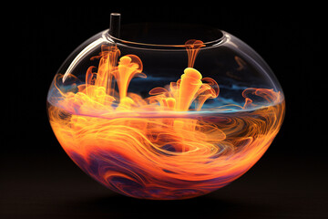 A digital creation of vibrant, jellyfish-like forms inside a round glass bowl on a dark background