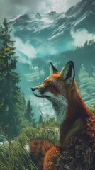 Wall Mural - A fox sitting in the grass with mountains in the background