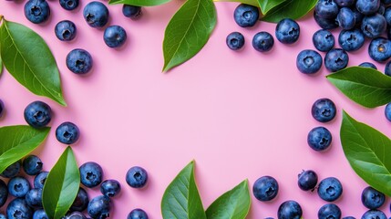 Wall Mural - Fresh blueberries and green leaves on a vibrant pink background with copy space.