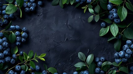 Wall Mural - Fresh blueberries with vibrant leaves scattered on a textured dark slate background, with ample copy space.