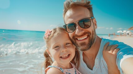 Canvas Print - A man taking a selfie with a little girl on the beach