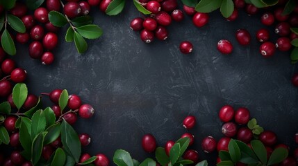 Sticker - Fresh red cranberries with green leaves scattered on a dark textured surface.