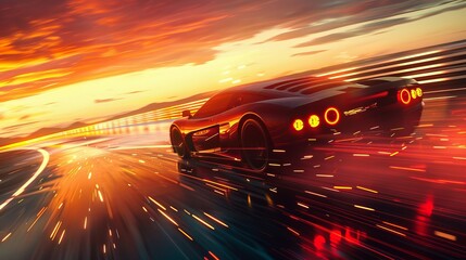 Wall Mural - dynamic 3d illustration of a high-speed sports car racing toward a city sunset, embodying a futurist