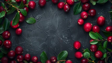 Sticker - Fresh cranberries with attached green leaves scattered on a dark, textured background.