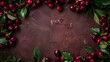 Ripe red cherries with green leaves scattered on a rustic dark brown surface, offering abundant textures.