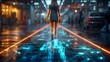 Futuristic Medical Hologram Projection Illuminating Urban Pathways in Cityscape