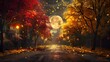 Autumn Leaves Illuminated by Moonlight on Serene Street