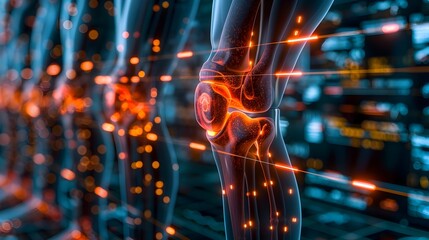 Sticker - Futuristic Holographic Knee X Ray Visualization with HUD Technology for Advanced Medical Diagnosis and Analysis