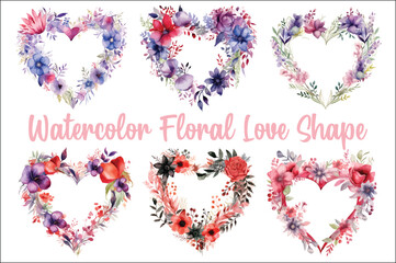 Wall Mural - Beautiful Watercolor Floral love shape Vector Illustration, Beautiful Watercolor Floral Love Shape.