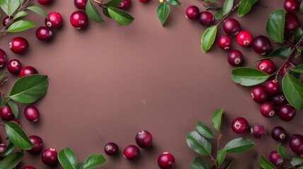 Canvas Print - Frame of red cherries and green leaves arranged on a brown background with ample copy space.