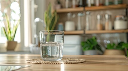 A glass of water sits on a table