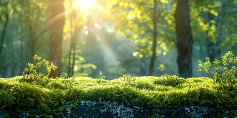 Canvas Print - Lush Forest Landscape with Sunlight Beams Illuminating the Verdant Foliage Ideal for Nature Based Teaching and