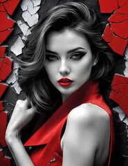 Wall Mural - 
Graffiti art. Black and white. Close-up of beautiful woman with red lipstick and broken wall