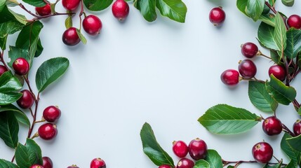 Poster - Frame of fresh red cherries with leaves arranged on a white background with ample copy space in the center.