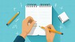 Illustration of a businessman's hands using a pencil to write down goals in a notebook, emphasizing effective personal planning and organization. Vector