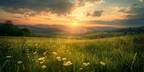 Wall Mural - breathtaking sunset over lush countryside meadow with vibrant wildflowers and distant mountains