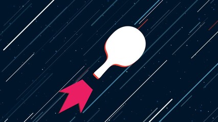 Wall Mural - Table tennis symbol flies through the universe on a jet propulsion. The symbol in the center is shaking due to high speed. Seamless looped 4k animation on dark blue background with stars