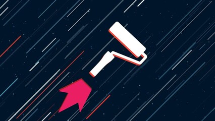 Wall Mural - Paint roller symbol flies through the universe on a jet propulsion. The symbol in the center is shaking due to high speed. Seamless looped 4k animation on dark blue background with stars