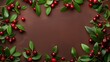 Elegant frame of fresh red cherries with green leaves on a dark textured background.