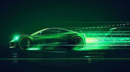 Wall Mural - illustration of a green neon electric car speeding in darkness, symbolizing rapid ev motion. vector