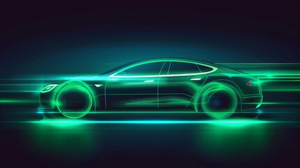 Wall Mural - illustration of a green neon electric car speeding in darkness, symbolizing rapid ev motion. vector