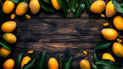 Wall Mural - Fresh mango fruits with green leaves arranged on a dark wooden background, creating an organic and vibrant display.