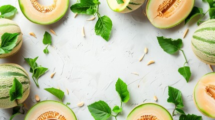 Sticker - Fresh cantaloupe melons sliced open with seeds and leaves on a white textured background.