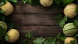 Fresh cantaloupe melons with lush green leaves on a dark wooden background, arranged with space for text.