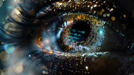 Digital eye with data and code particles flowing