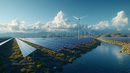 Poster - Futuristic Energy Landscape with Solar Panels and Wind Turbines Generating Clean Electricity