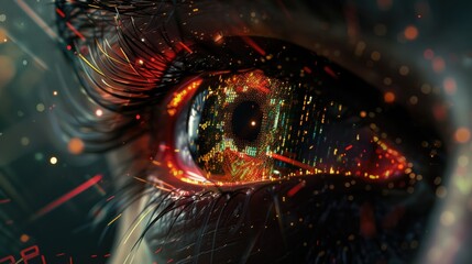 Digital eye with data and code particles flowing