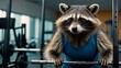 Raccoon doing exercises in the gym. Healthy lifestyle concept.