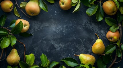 Wall Mural - Fresh pears with leaves arranged on a dark textured background, creating a vibrant frame.