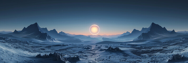 Wall Mural - Panorama of a virtual reality landscape, where digital mountains meet a binary sun at dusk.