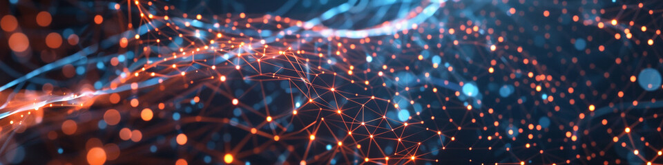 Wall Mural - Panoramic view of glowing digital threads weaving through cybernetic space, showing connectivity in a 4:1 aspect.