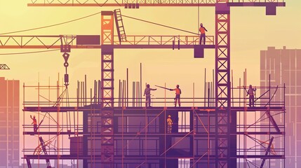 Poster - Construction Workers at Height, Ideal for companies specializing in high-rise construction and tower crane installation. construction workers at height, working on scaffolding or platforms.