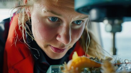 A woman with a smile on her face is holding a crayfish in front of a boat on the water. Her gesture suggests a joyful travel experience on the lake, admiring the naval architecture of the watercraft