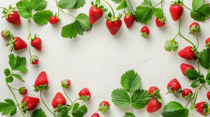Wall Mural - Fresh strawberries and leaves artistically scattered on a textured white background.