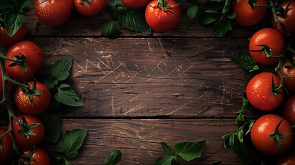 Poster - Fresh ripe tomatoes with water droplets and basil leaves on a rustic wooden background.