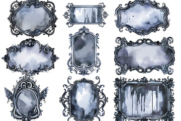 Wall Mural - watercolor gothic frames,clipart sticker set  fantasy style, white background