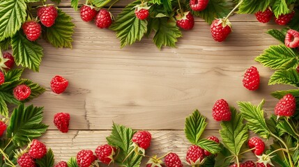 Wall Mural - Fresh raspberries and green leaves arranged on a wooden background with ample copy space.