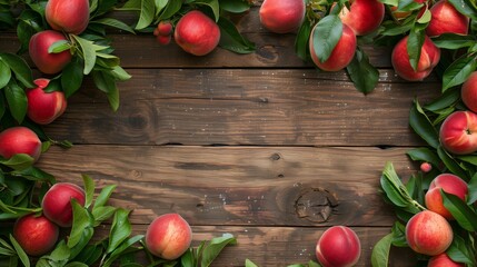 Wall Mural - Ripe peaches with lush green leaves arranged on a rustic wooden background, creating a rich, natural frame.