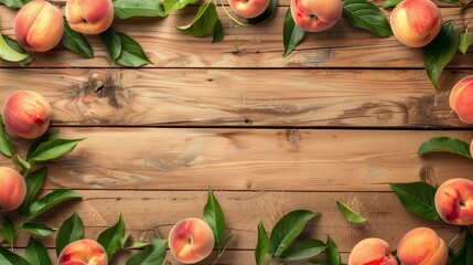 Sticker - Ripe peaches with vibrant green leaves spread across a rustic wooden background.