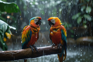 Wall Mural - A depiction of a pair of parrots in a zoo aviary, with a simulated tropical rainstorm complete with sound effects,