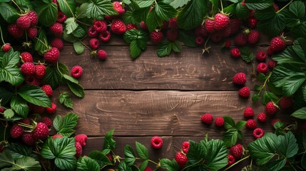 Canvas Print - A wooden table with a scattered arrangement of ripe raspberries and green leaves, creating a vibrant display.