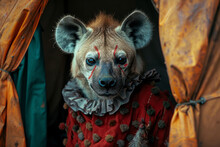 A Vivid Image Of A Hyena In Clown Makeup, Performing Skits, Against The Backdrop Of A Dark Tent Corner It Retreats To,
